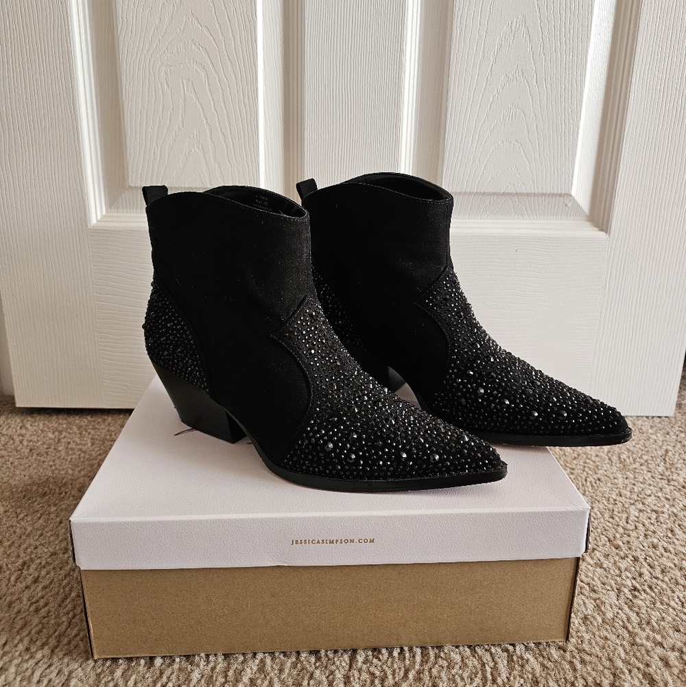 Black Suede Ankle Boots with Rhinestones